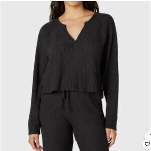 Beyond Yoga Black Waffle Knit Boxy Long Sleeve Pullover Top